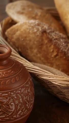Vertical pan revealing terracotta jug and rustic wicker basket with crusty artisan loaves
