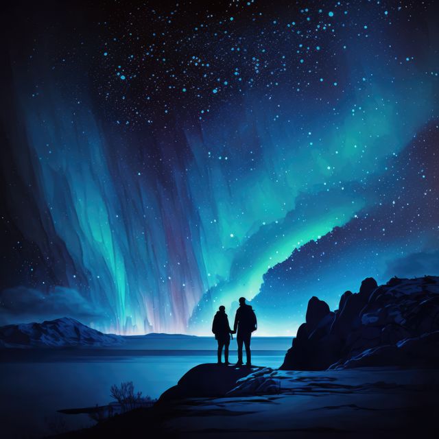 Couple standing on rocky shoreline, watching vivid northern lights under star-filled night sky. Great for illustrating romance, adventure, travel, nature photography, and night sky appreciation.