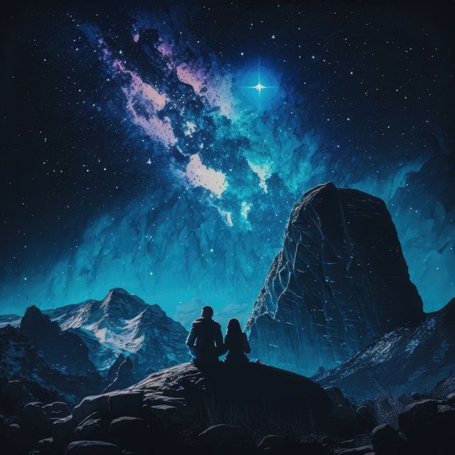 Couple seated on rocky terrain beneath starry night sky watching Milky Way galaxy. Ideal for use in adventure and travel content, romantic getaways, love themes, nature exploration, or stargazing promotions.