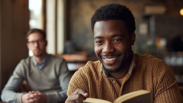 Smiling Man Reading a Book in Cozy Coffee Shop Interior