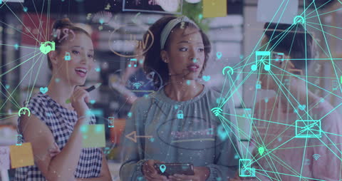 Innovative Female Team Collaborating with Digital Connections