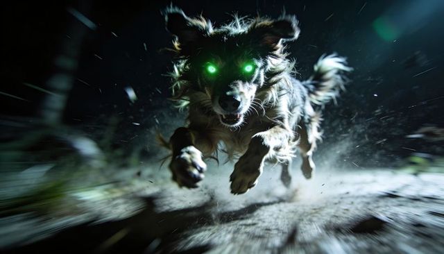 Leaping long-coated dog rushing night trail with neon green eyes and kicking dust