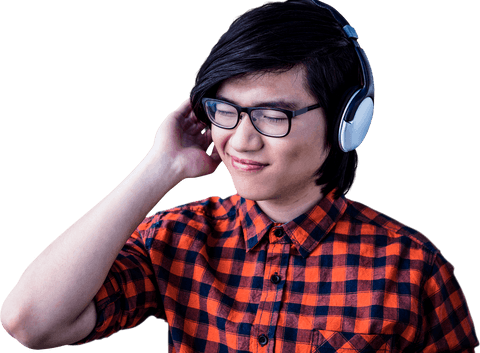 Young Man Enjoying Music with Headphones on Transparent Background