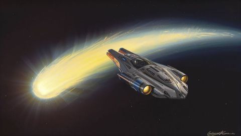 Futuristic starship skimming glowing comet tail across dark starfield, luminous engine thrusters