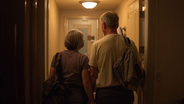 Senior couple walking hotel corridor carrying shoulder bags toward room door in warm light