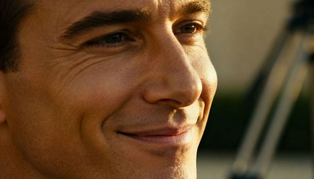 Smiling man gazing right with warm golden hour glow, closeup natural skin texture