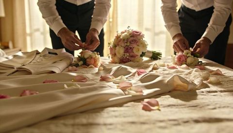 Groomsmen arranging bridal bouquet and boutonnieres on hotel bed with rose petals