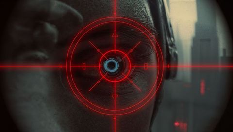 Cybernetic eye scanning red hud reticle and futuristic optic implant closeup for ai interface