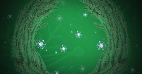 Digital Christmas Wreath with Snowflakes on Green Background