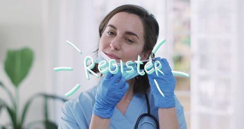 Confident Nurse Adjusting Mask in Medical Clinic Setting