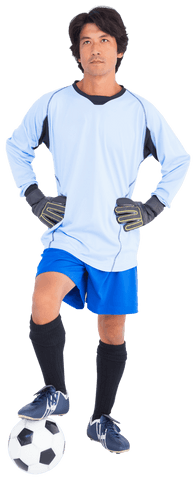 Confident Goalkeeper Standing With Foot on Ball on Transparent Background