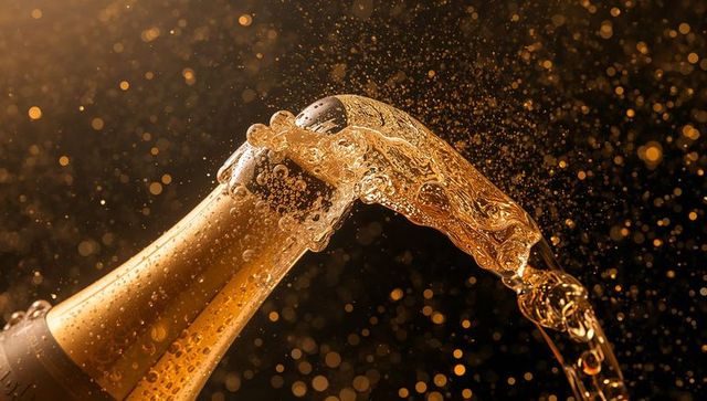 Cork popping champagne flow against glittering background