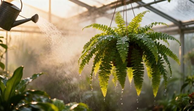 Sunlit hanging fern receiving mist from watering can in glasshouse with dew droplets