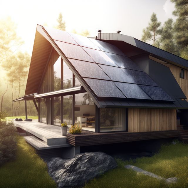 Modern Eco-Friendly House with Solar Panels and Large Windows Surrounded by Nature - Download Free Stock Images Pikwizard.com