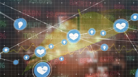 Digital Finance and Healthcare Icons Overlaying Stock Market Data