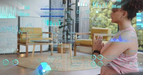 Woman Practicing Mindfulness with Smartwatch and Holographic Financial Data in Midcentury Interior