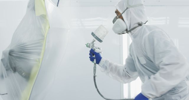 Automotive Worker in Protective Gear Spray Painting Car Parts in Workshop - Download Free Stock Images Pikwizard.com