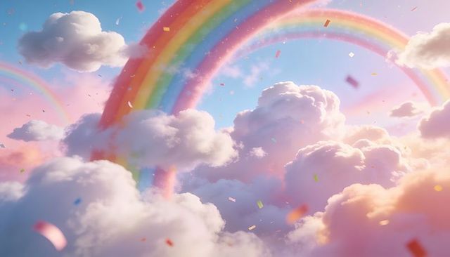 Dreamlike rainbow arcing through pastel clouds with floating confetti and soft sunlight