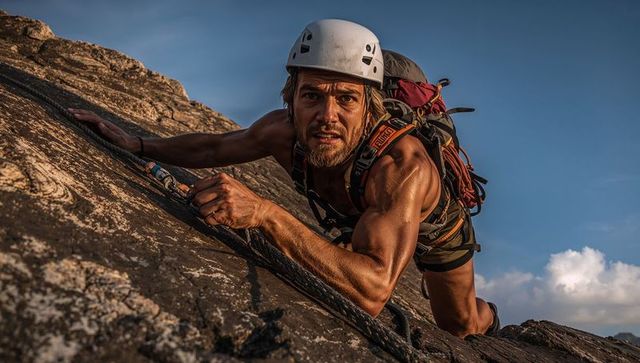 Climbing athlete gripping granite cliff at golden hour wearing helmet, harness, backpack