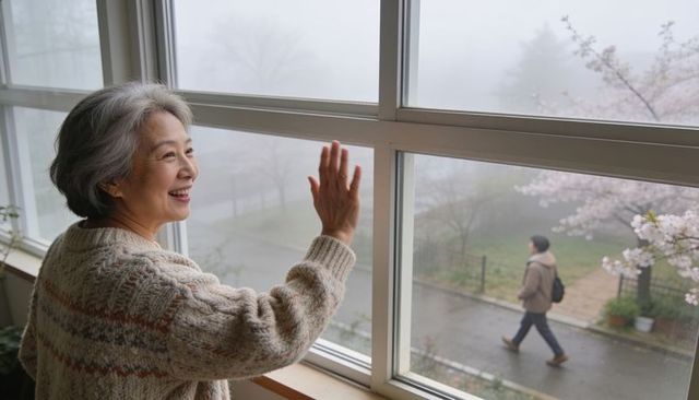Senior asian woman smiling and waving at passerby from home window on foggy serene morning
