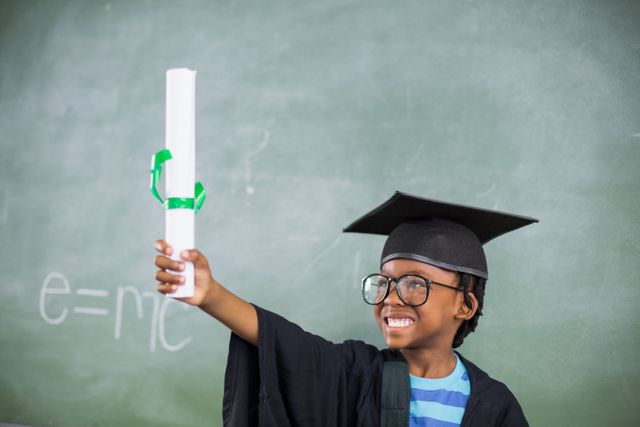 Young boy wearing graduation cap and gown, holding certificate in classroom. Ideal for educational materials, school promotions, academic achievements, and back-to-school campaigns.
