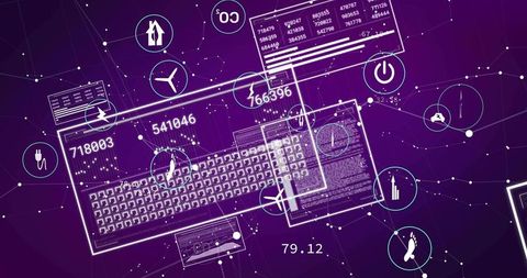 Futuristic Digital Interface with Grid and Icons on Purple Background