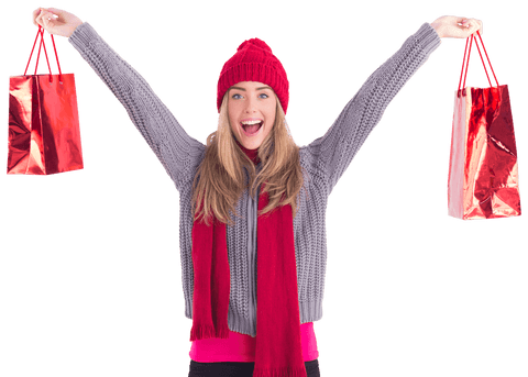 Cheerful Woman Holding Red Bags on Transparent Background