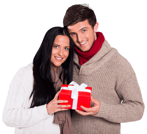 Romantic Couple Holding Gift Box on Transparent Background