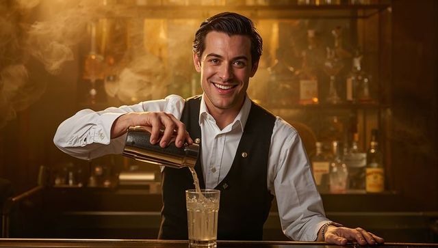 Smiling Bartender Mixing Cocktail in Cozy Bar Setting