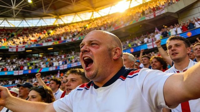 Bald fan shouting and cheering in packed stadium during football match, supporters erupting