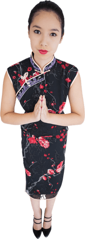 Woman in traditional floral kimono dress on transparent background