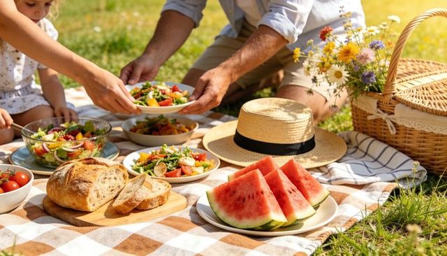 Family sharing summer picnic with watermelon, bread and salads on sunlit checkered blanket