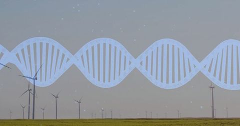 Dna helix over wind farm emphasizes innovation and renewable energy