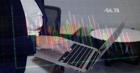 Businesswoman typing on laptop while trading candlestick chart overlay showing -54.78 drop