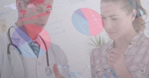 Doctor Explaining Medical Data to Woman with Overlayed Charts