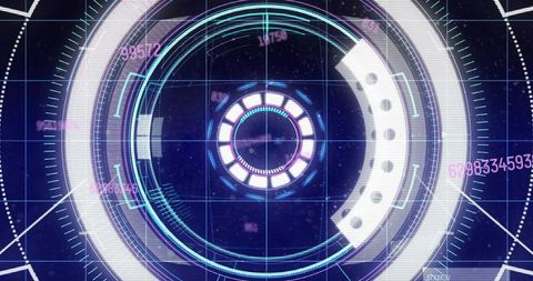Futuristic hud interface spinning telemetry rings showing grid overlay calibration digits