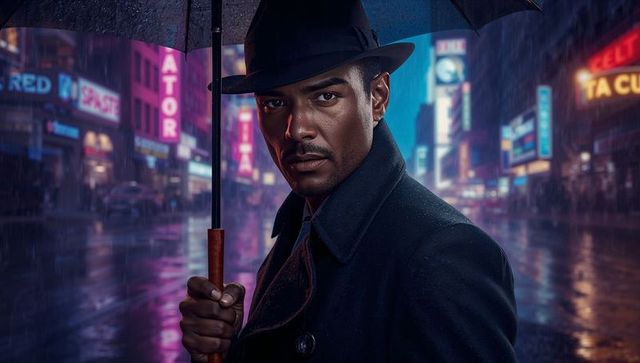 Standing man in fedora holding umbrella on neon wet street, noir trench coat portrait