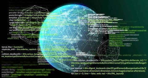 Neon globe with code overlays and wireframe meshes visualizing worldwide digital network