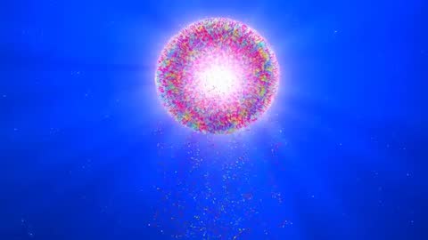 Animated Confetti Sphere Emitting Radiant Core and Falling Particles in Deep Blue Void