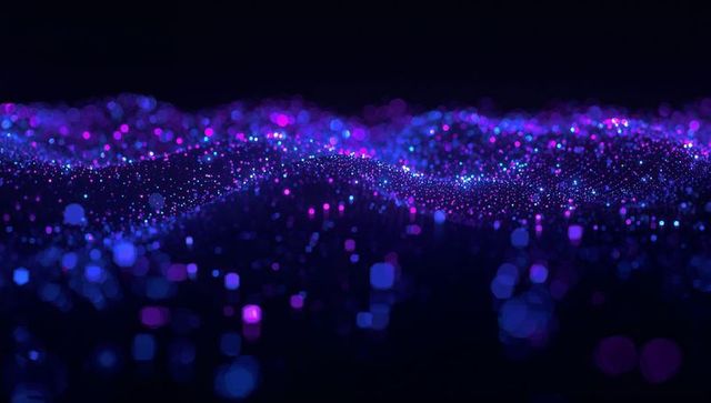 Glowing neon particles forming undulating digital wave with bokeh lights and depth