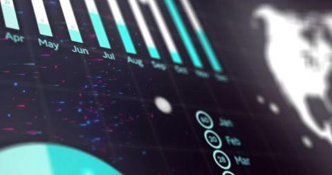 Displaying futuristic neon data dashboard with teal bar charts, circular metrics and map