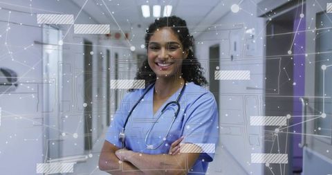 Smiling nurse wearing blue scrubs in hospital corridor with digital network overlay