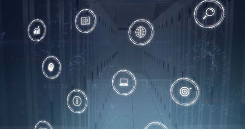 High-tech Symbols Overlaying Modern Data Center Rows - Download Free Stock Images Pikwizard.com