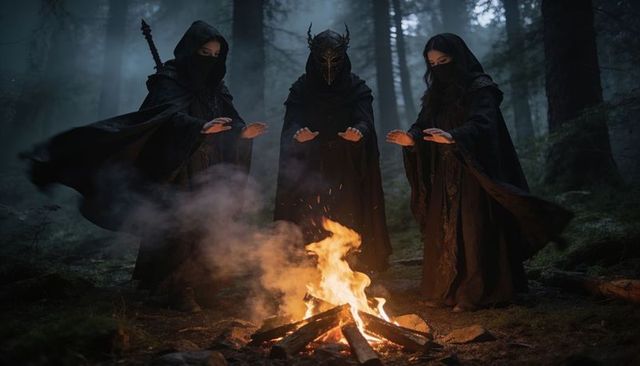 Mystic moonlit ritual: hooded trio summoning fire with horned mask in foggy forest at bonfire