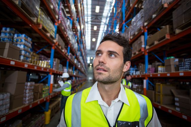 Warehouse worker inspecting inventory in a large storage facility. Ideal for illustrating logistics, supply chain management, warehouse operations, and industrial work environments. Useful for articles, advertisements, and presentations related to warehousing, distribution, and inventory management.