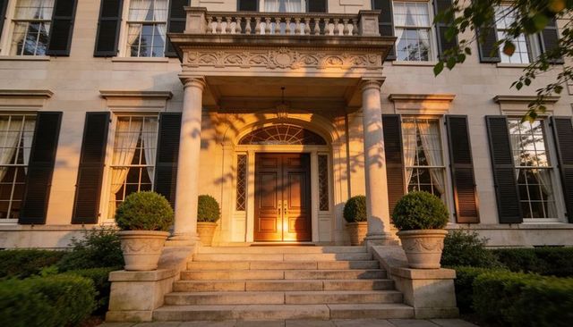 Golden-hour neoclassical mansion entrance with stone steps, columns and topiary, balustrade