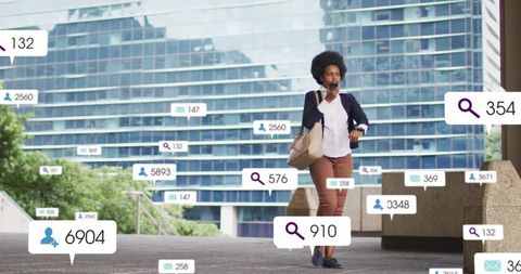 Businesswoman Walking with Smartphone in Urban Office Plaza with Digital Overlays