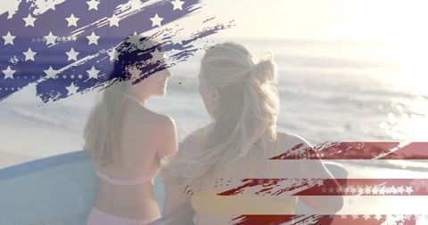 Two friends watching sunset from boat with american flag brushstroke overlay