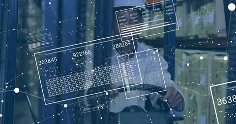Warehouse worker using tablet with augmented reality inventory overlays and data dashboard