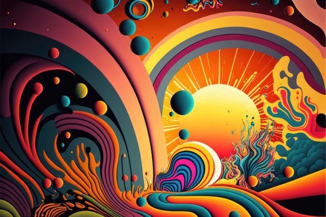 This image features a psychedelic abstract art illustration depicting a cosmic sunrise. With vibrant and swirling colors alongside dynamic shapes and gradients, it creates a surreal and imaginative scene that could be part of a fantasy outer space theme. Ideal for use in modern art prints, posters, imaginative storytelling, book covers, album art, or digital wallpapers, this artwork energizes and captures attention through its unique and colorful design.